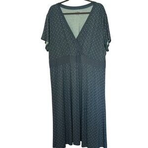 LL‎ Bean Knit Dress Women's Size 3XL Teal Navy Short Sleeve Faux Wrap V Neck